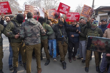 Members of the People's Democratic Party staged a protest in Srinagar against the eviction drive. Credit Sajad Hameed