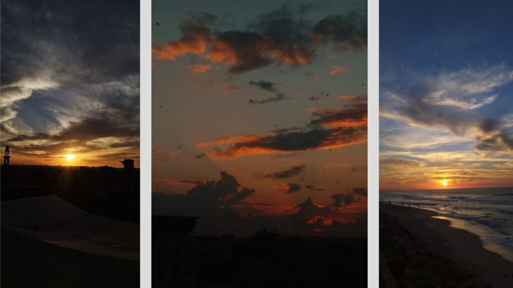 Sunsets in Gaza, the extreme left taken from the window facing the hospital. Photos by Sawsan Al-Ajjouri.